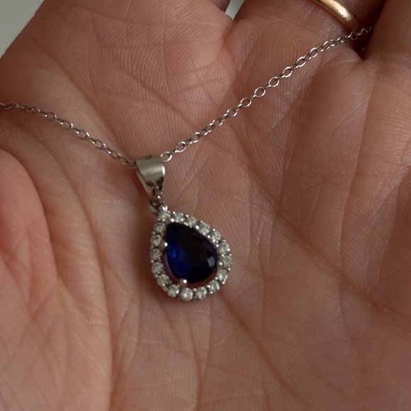 Pear Shaped Sapphire/Silver Necklace 925 - Picture 2 of 5